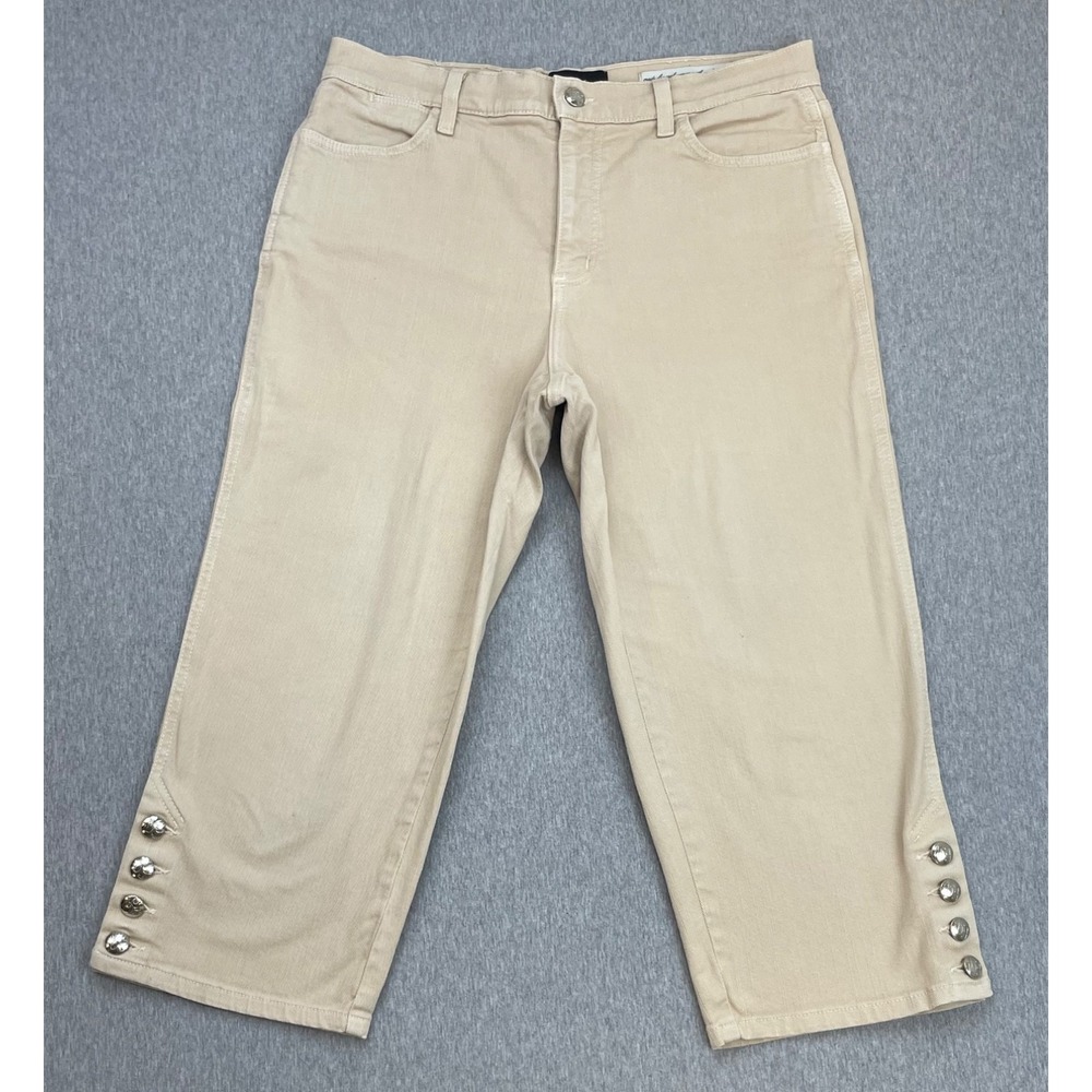 NYDJ Jeans‎ Womens 10 Beige Cotton Blend Stretch Crop Capri Buttons Hem